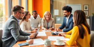 Professionals collaborating on retirement plans in an office.