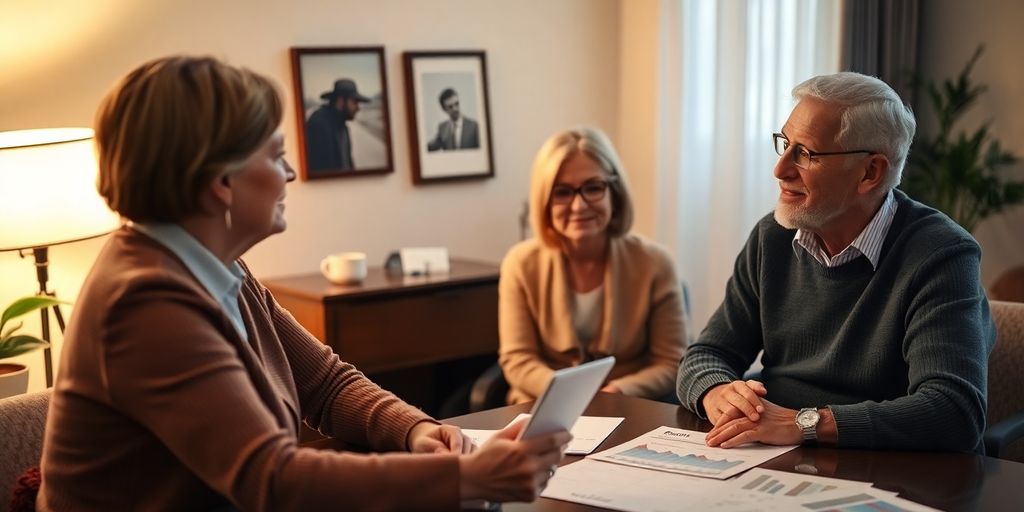 Retirement planner consulting with clients in an office.