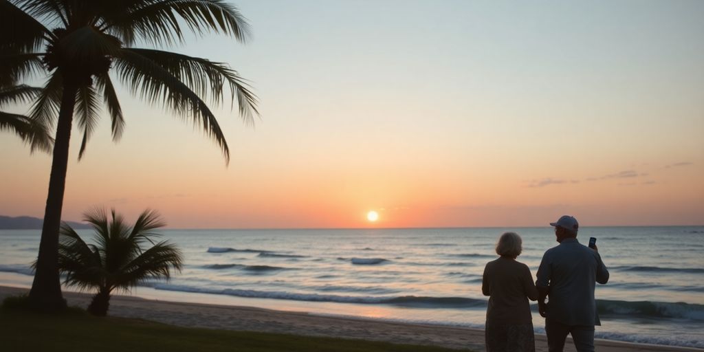 Couple enjoying a serene beach sunset in retirement.