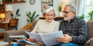 Elderly couple planning retirement in a cozy setting.